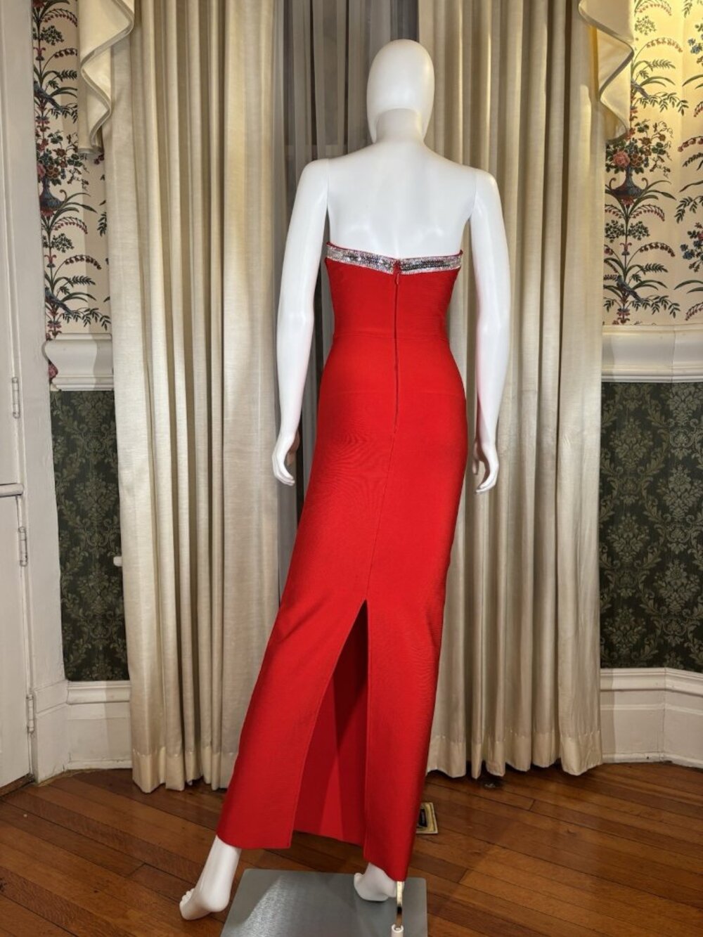 Red Rhinestone Deep V Strapless Bandage Gown 90s Y2K Bodycon - Picture 2 of 10